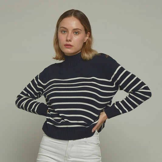 Blue sailor sweater with white stripes